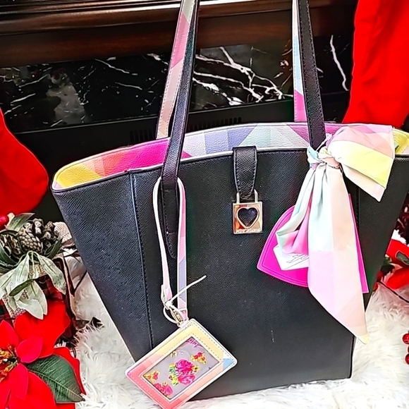 NWT BLACK w/MULTI COLORED ACCENTS BETSEY JOHNSON SHOULDER BAG w/SCARF - Picture 2 of 7